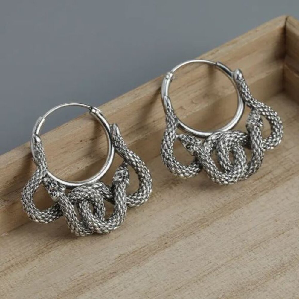 NEW Areanna Antique Silver Coiling Snake Hoop Earrings - Picture 3 of 7